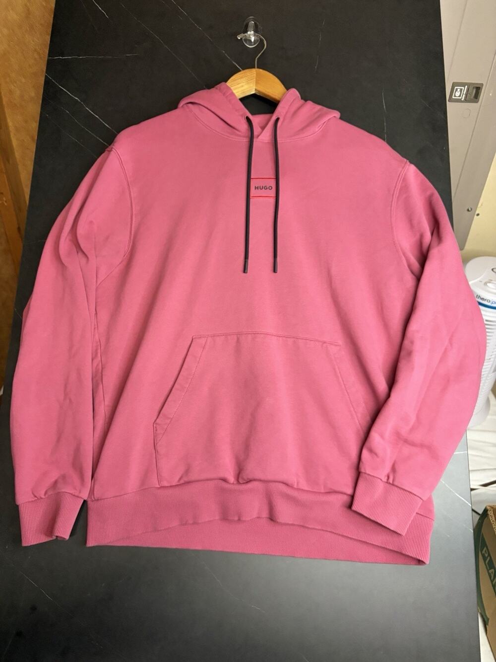 HUGO Hoodie Men’s Large Pink Dorage Logo 100% Cotton Pullover Sweatshirt